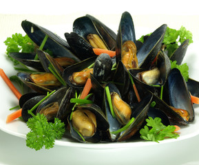 Steamed and garnished mussels