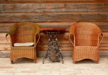 Wicker chairs and historic table