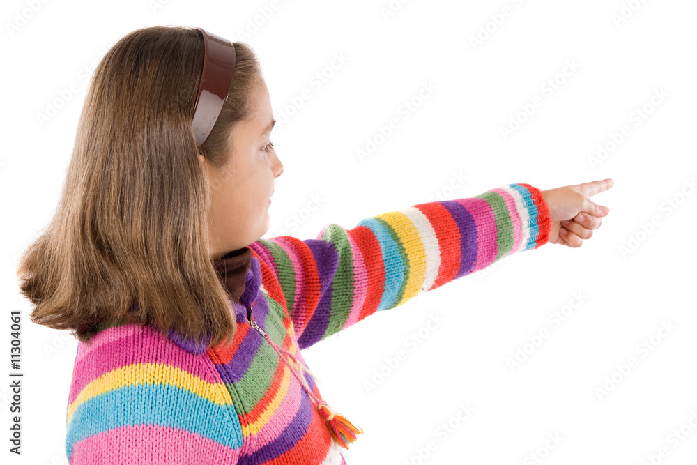 Wall mural adorable girl with woollen jacket pointing