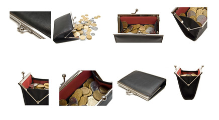 collection of purses and coins on a white background