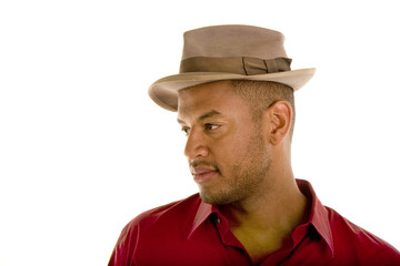 Black Man in Red Shirt Brown Hat Looking Right