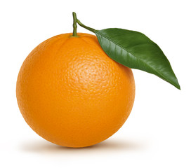 orange fruit with green leaf isolated on white background