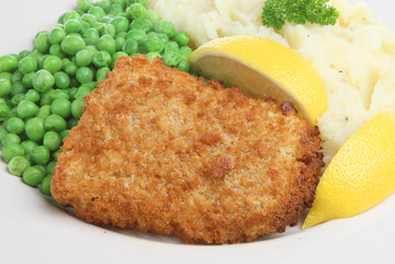 Breaded Cod Steak with Mash & Peas
