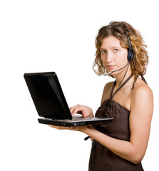 Woman with laptop and headphones on white background