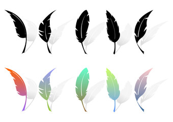 Different feather silhouettes and colored feathers over white