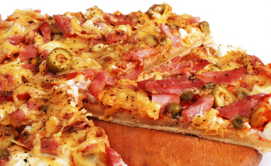 A peace of pizza with olives, meat and cheese