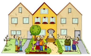 Glückliche Familie vor schönem renoviertem Eigenheim - Cartoon