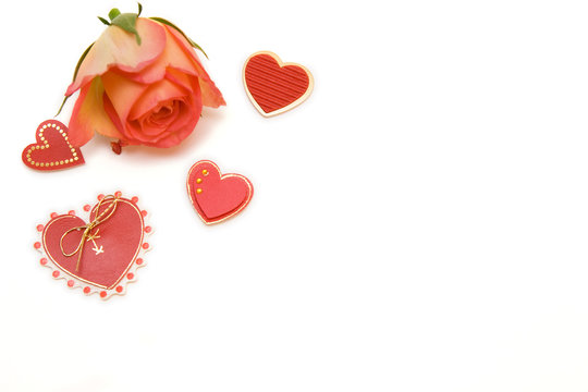 rose with red hearts isolated on white. space for text