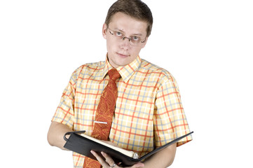 Clerk holding notebook