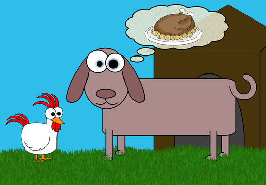 Chicken & Dog Cartoon Joke Dream Scene