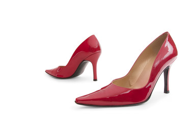 Pair of red patent leather high heel shoes