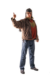 pilot in old uniform shows thumb up, isolated on white