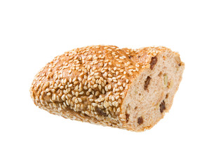 А piece of bread with raisins isolated over white