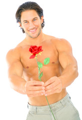 Isolated Attractive Young Man Holding Red Rose