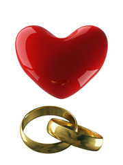 Heart with wedding rings on a white background. 3D image.