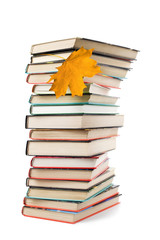 big pile of books and autumn leaf isolated