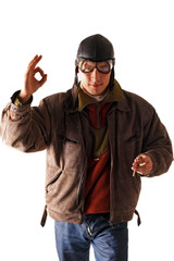 pilot in old uniform shows OK, isolated on white