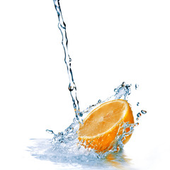 fresh water drops on orange isolated on white