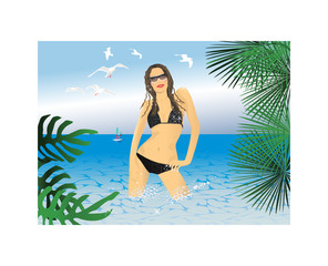Glamur bikini girl on a beach.