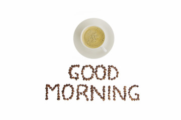 coffee cup with coffee beans isolated