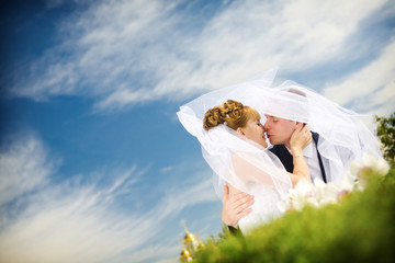 Fototapeta na wymiar kiss of bride and groom