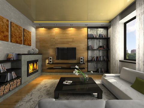 View on the modern apartment with fireplace