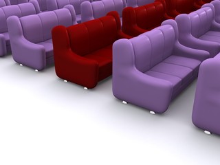 Obraz premium red row in violet sofes. 3d