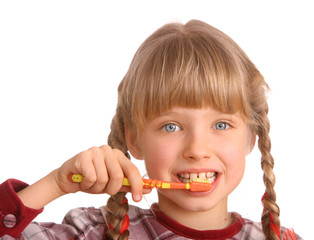 Child clean brush one's teeth. Isolated.