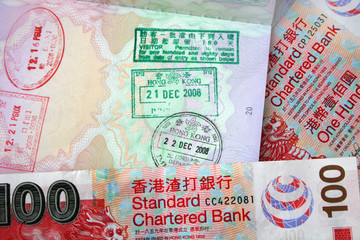 hong kong currency and entry stamps