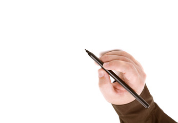 Isolated male hand writing on white background