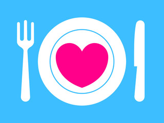 Fork, knife and plate with pink heart - love is served