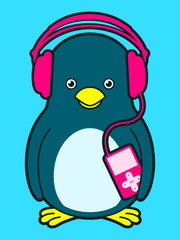 Cute penguin with pink music player and headphones