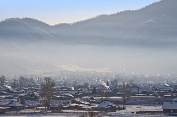 Winter morning in village Ongudaj. The Top view.