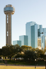 Reunion tower and modern hotel in downtown Dallas, TX