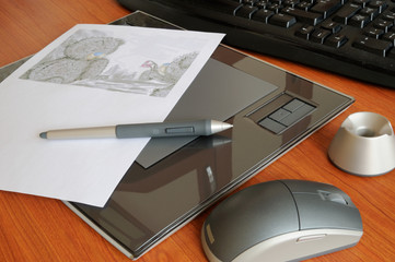 Graphic tablet with pen and mouse