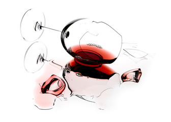 Glass of wine, broken on the mirror. Isolated on white