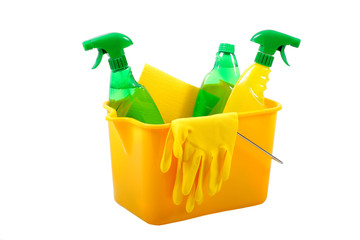 Green and chemical cleaning products together in a bucket