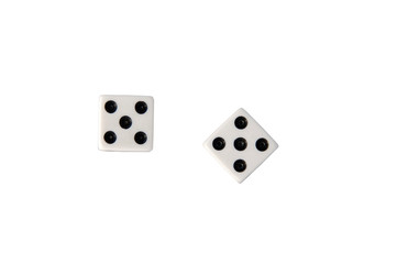 Two dice showing fives isolated on white with clipping path