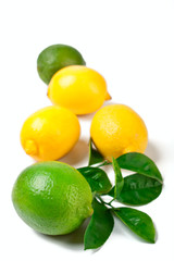 a group of two limes and three lemons with leaves