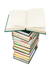 Opened book on stack