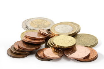 Isolated lot of modern european coins on white background