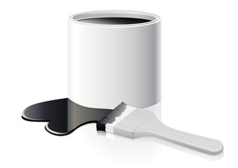 Pot de peinture noire et son pinceau (reflet)