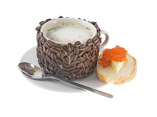 Cup of coffee, which original  decorate a coffee beans.