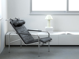 Minimalist interior with modern leather armchair