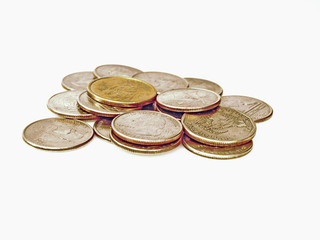 Pile of Quarters coins, 25 cent on white background, isolate