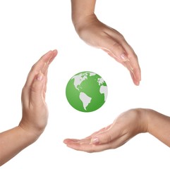 Earth and hands isolated on white background.