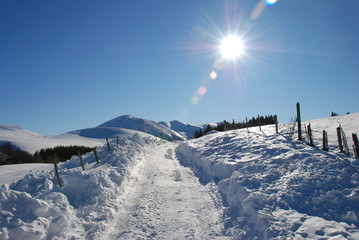 Paysage de montagne, soleil et neige