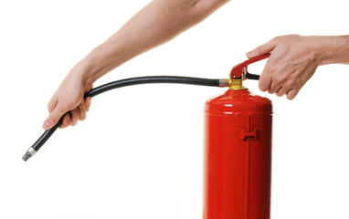 hands holding fire extinguisher