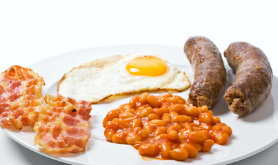 traditional english breakfast - egg, sausages, beans, bacon