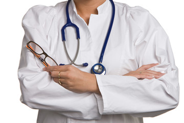 Thoughtful young doctor on a white background